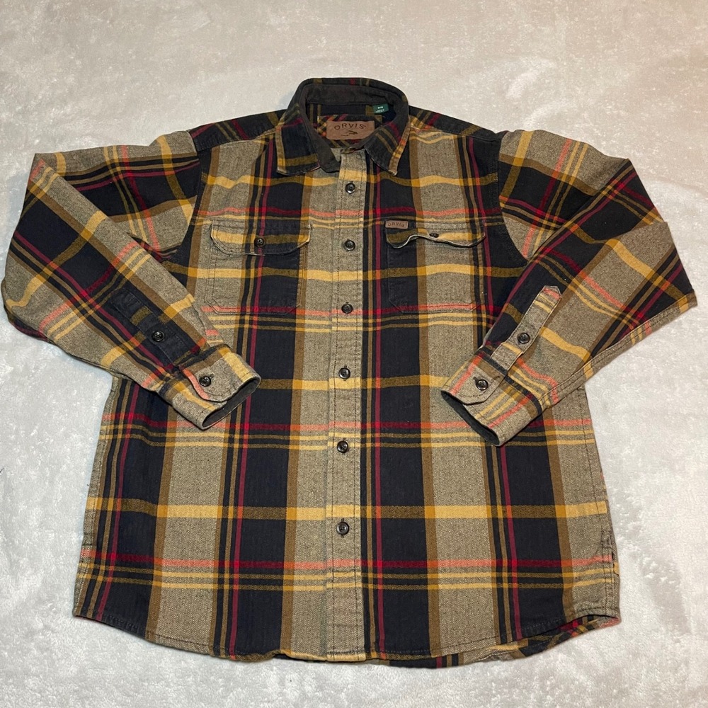 Orvis Shirt Mens Medium Brown Plaid Herringbone Flannel Button Down Outdoors